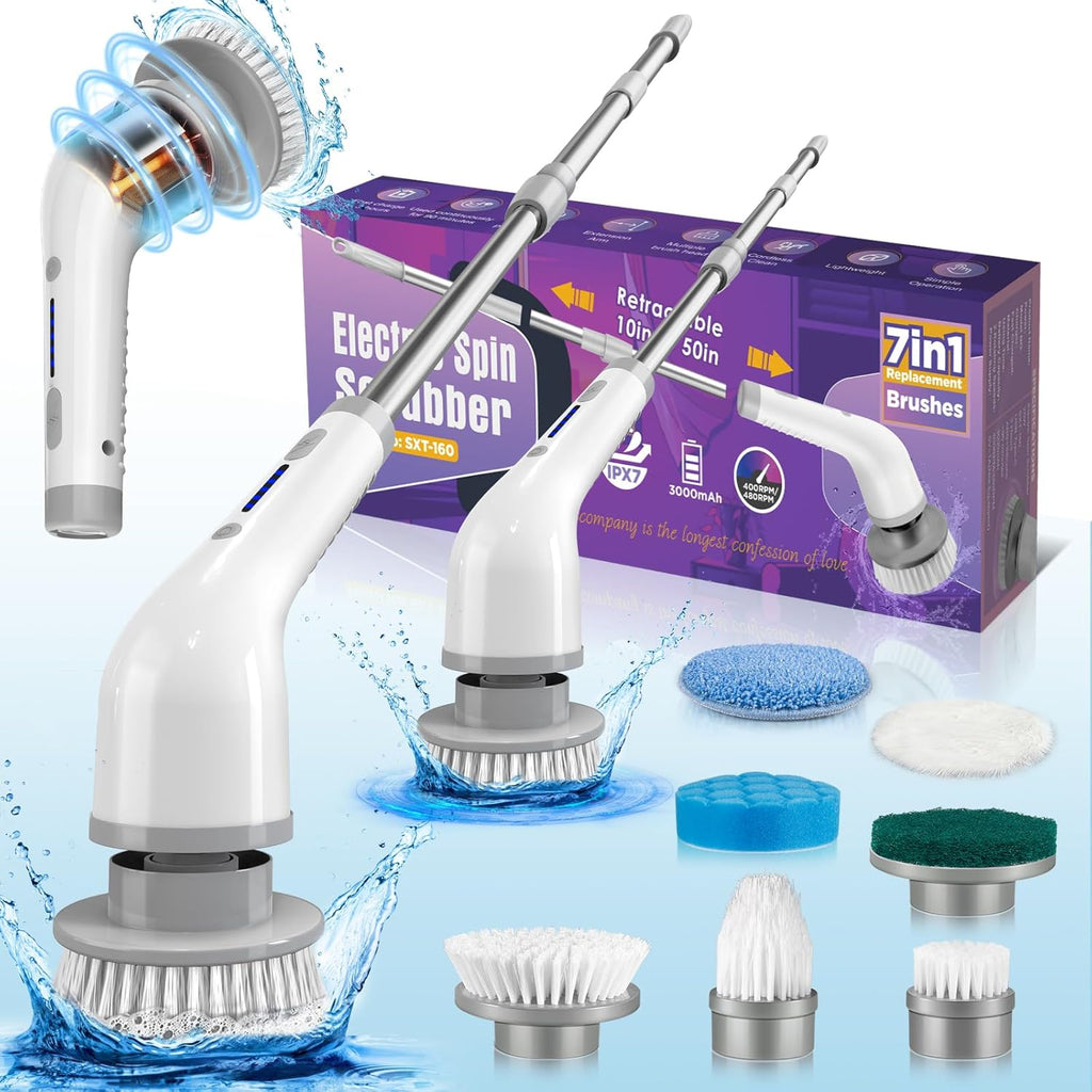 Gray Rechargeable Electric Spin Scrubber with 7 Brush Heads E833