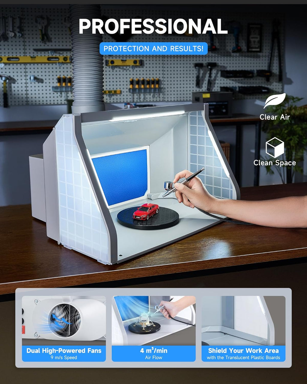 Portable Airbrush Spray Booth With Dual Fans, 3 LED Lights And Exhaust Hose K9062