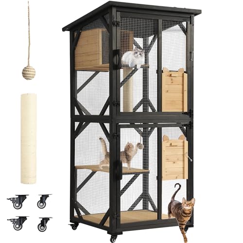 Black 4 Tiers Cat Enclosure with Wheels, Resting Box & Waterproof Roof E530441