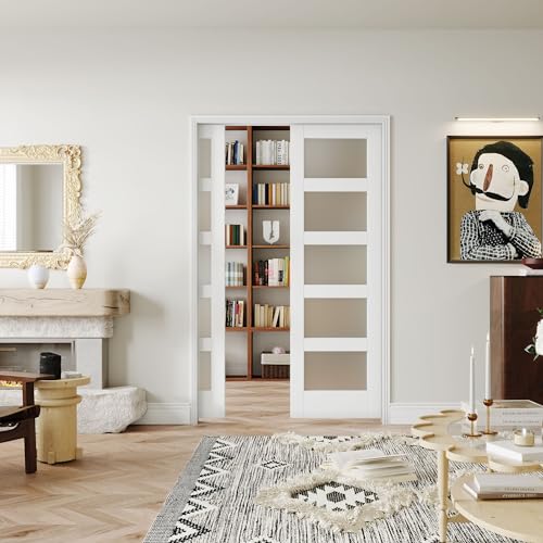 White Primed Double Sliding Pocket Door 60" x 80" with 5 Lites Tempered Frosted Glass Panels Y427411