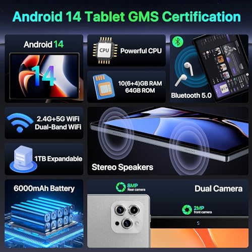 10 inch Android 14 Tablet Octa-Core 10GB RAM 64GB ROM 6000mAh Battery C743