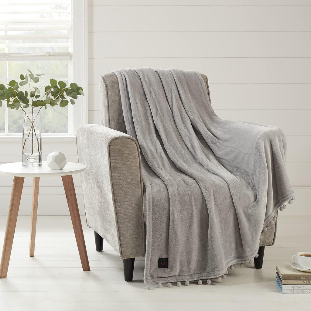Soft Silver Plush Electric Heated Throw with Remote J3253