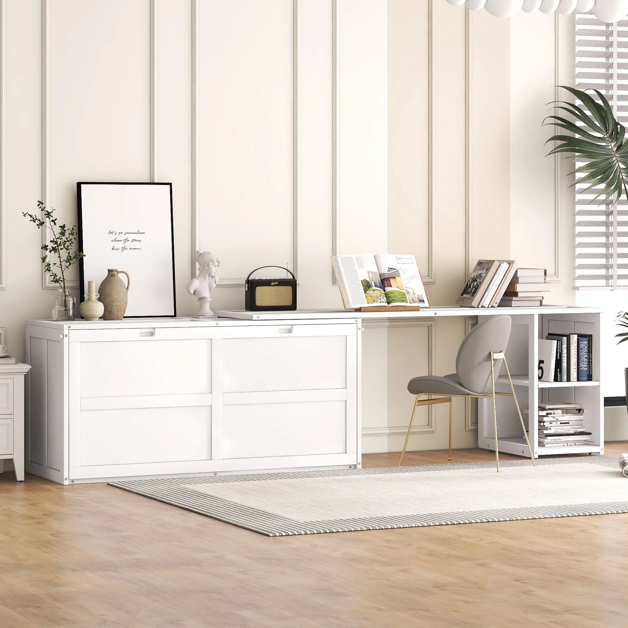 White Queen Size Solid Pine Wood Murphy Bed with Desk and Storage Shelves A102456