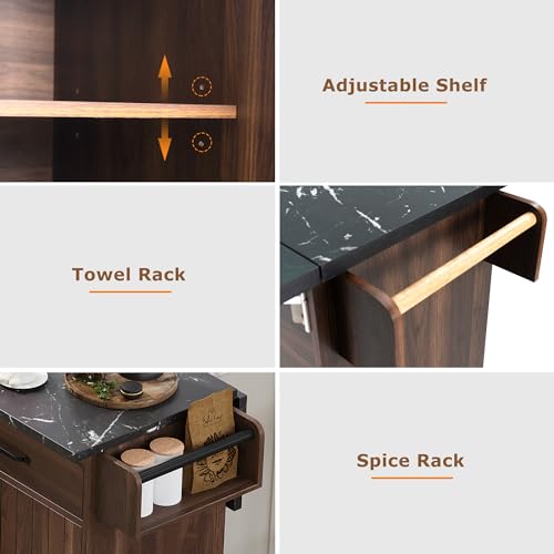 Kitchen Island Cart with Trash Can Storage, Drop Leaf, Drawers, Adjustable Shelves, Lockable Wheels A72321
