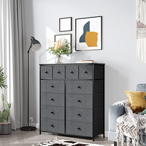 12 Drawer Fabric Dresser with Metal Frame, Wood Top, Light Grey Q1816