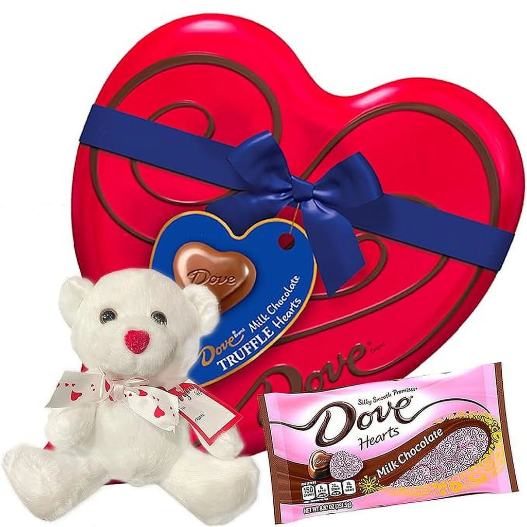 Milk Chocolate Candy Heart Tin, Milk Chocolate Bag and White Teddy Bear M11563