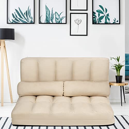 Blue Floor Sofa with 2 Pillows, Foldable 6-Position Adjustable Metal Frame Suede Fabric M76503