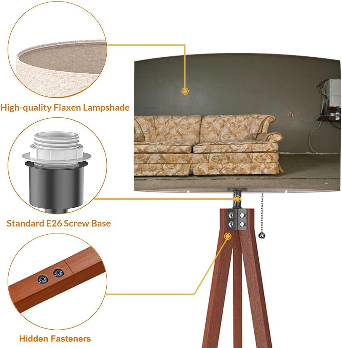 Wood Tripod Floor Lamp Linen Lampshade Dimmable Tall Lamp J721535