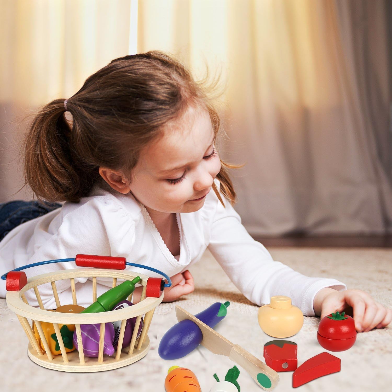 Magnetic Wooden Cutting Food Play Toy Set with Basket R501771