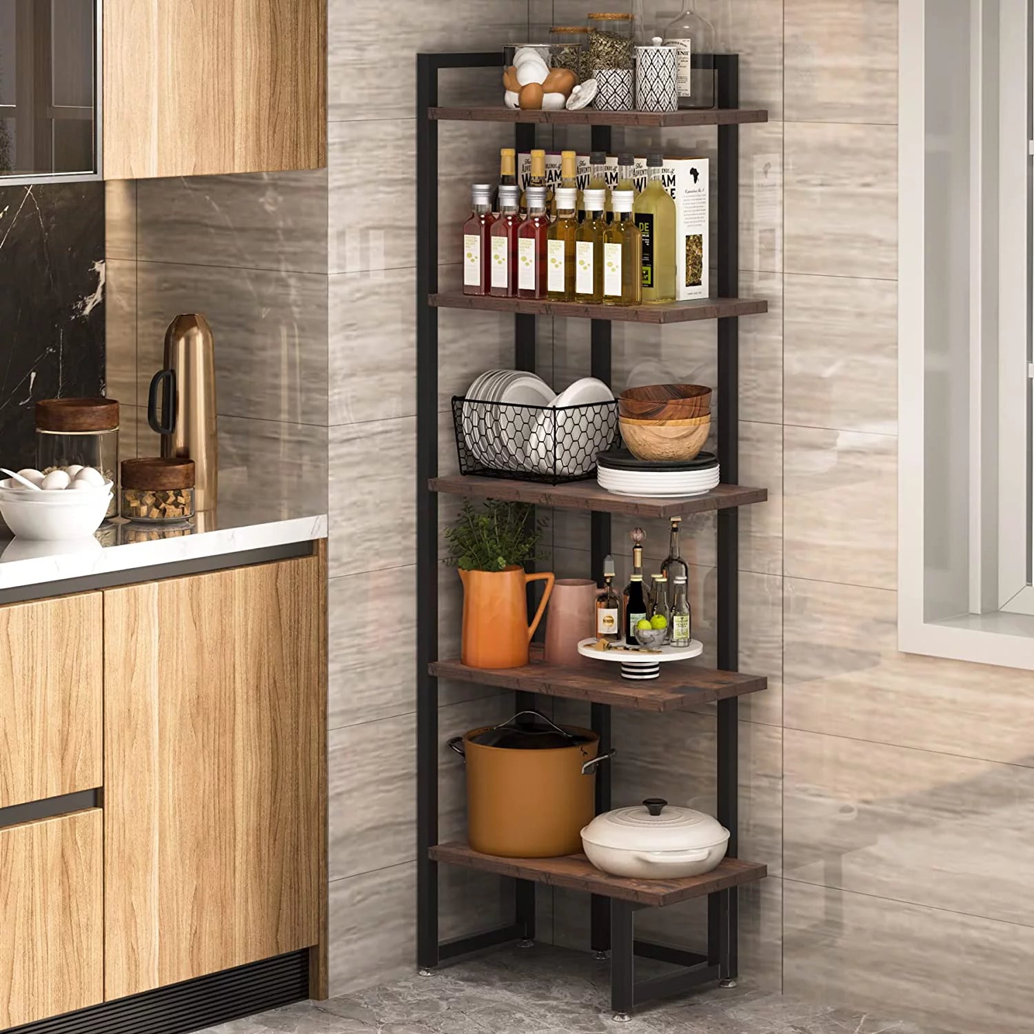 Rustic Brown 5 Tier Corner Bookshelf with Metal Frame Y67828