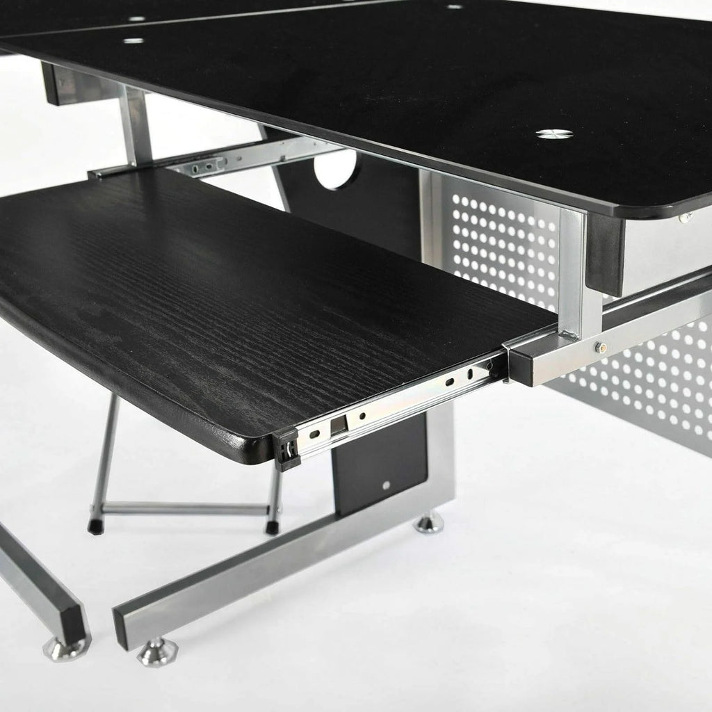 Black L-Shape Corner Tempered Glass Top Computer Desk with Keyboard Tray W377