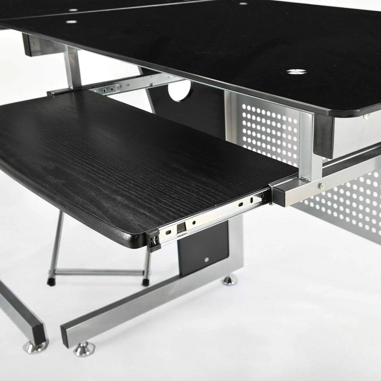 Black L-Shape Corner Tempered Glass Top Computer Desk with Keyboard Tray W377