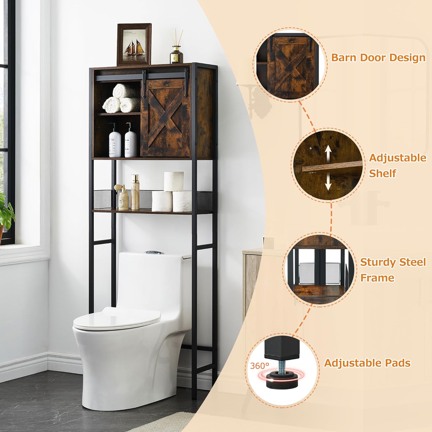 Rustic Brown Over The Toilet Storage Cabinet with Sliding Door and Adjustable Shelf U90337
