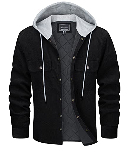 Men's Corduroy Quilted Lined Padded Hoodies Cotton 5 Pockets Hooded Button Down Jackets & Coats Z8539