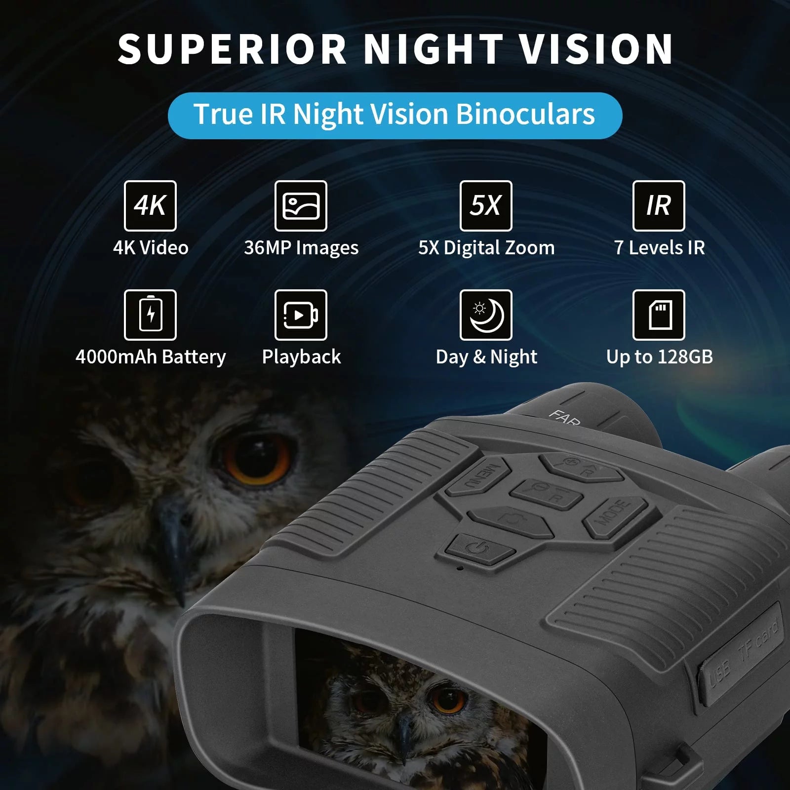 Night Vision Binoculars with 32GB SD Card 36MP 4K 5x Zoom A40557