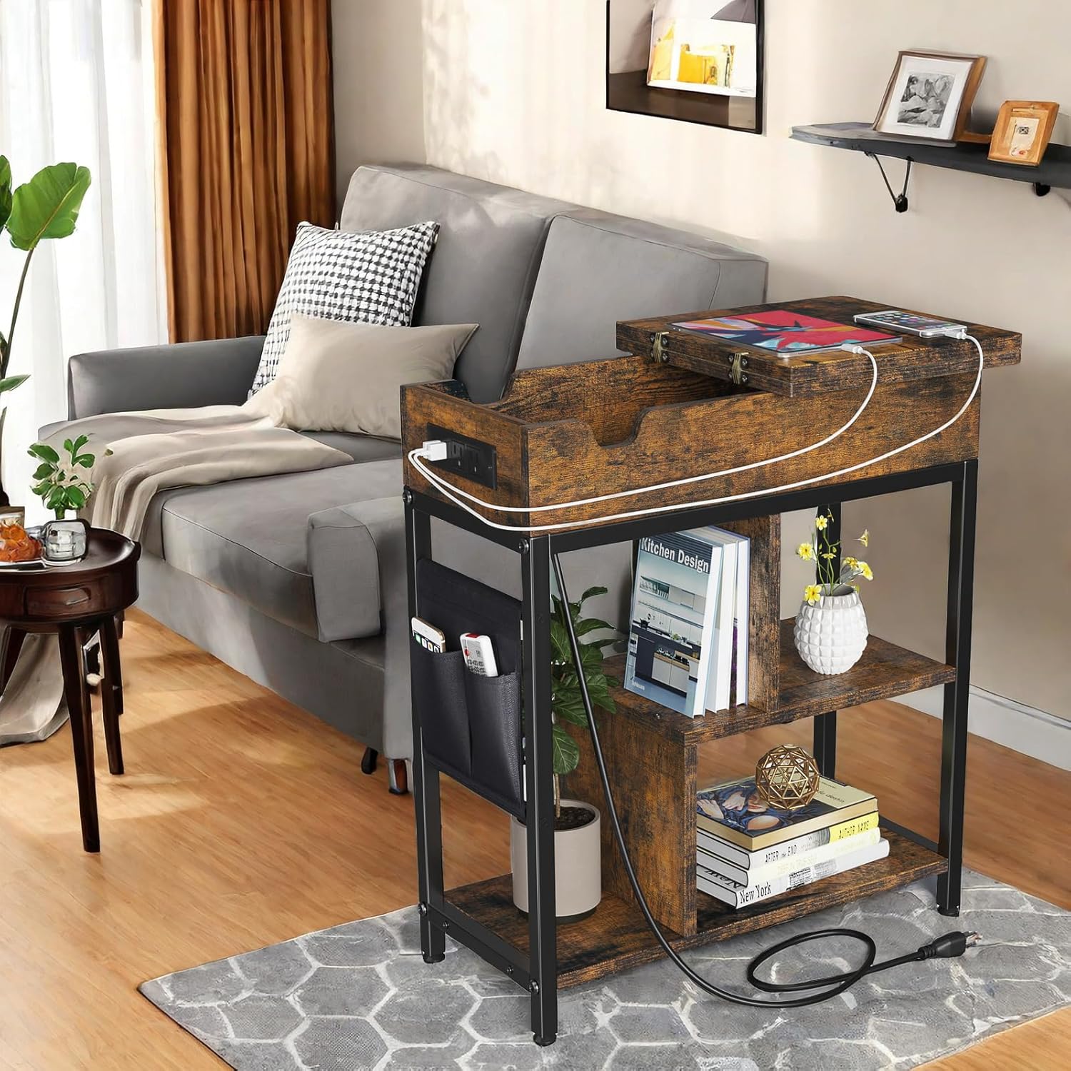 Side Table with Charging Station, Flip Top End Table with USB Ports and Outlets G71901