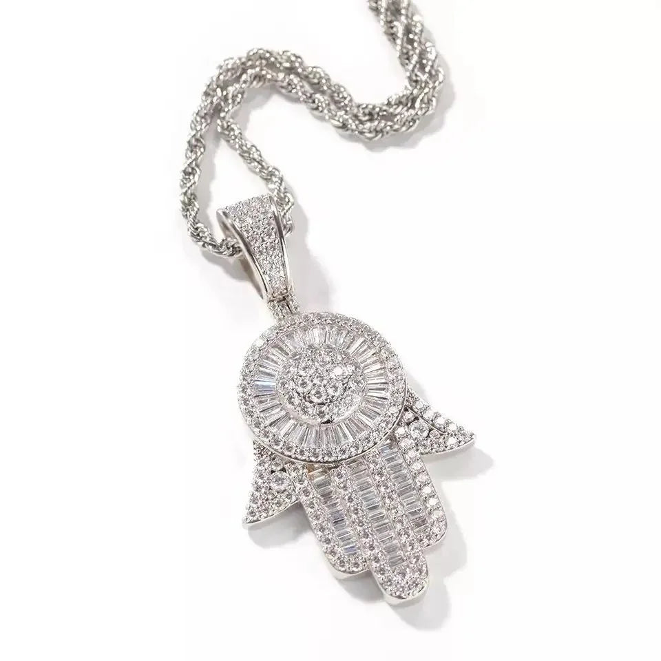 Simulated Diamond Baguette Hamsa Hand Pendant Necklace U821