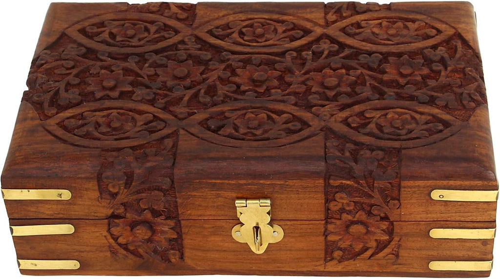 Hand Carved Wooden Storage Organiser Jewellery Box 20x12.5x6.5 CM V736029