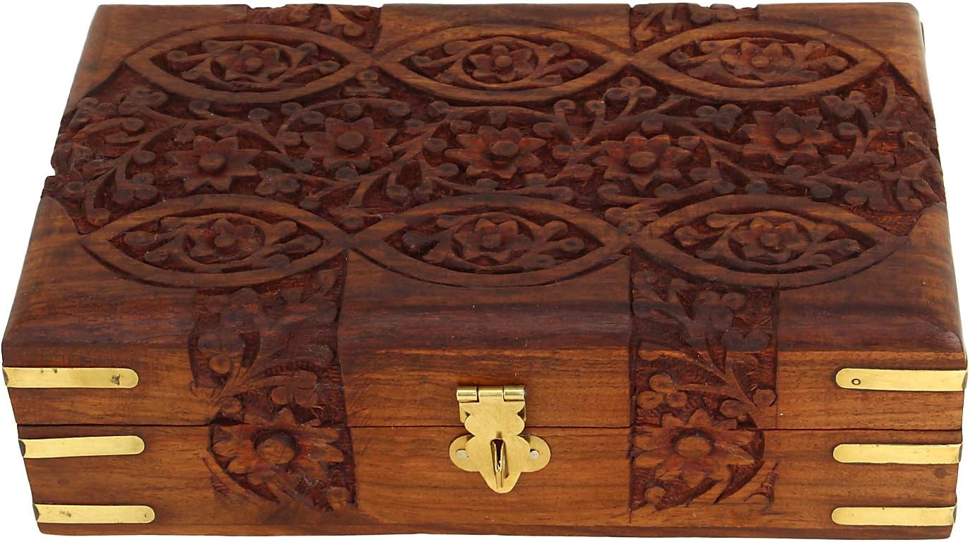 Hand Carved Wooden Storage Organiser Jewellery Box 20x12.5x6.5 CM V736029