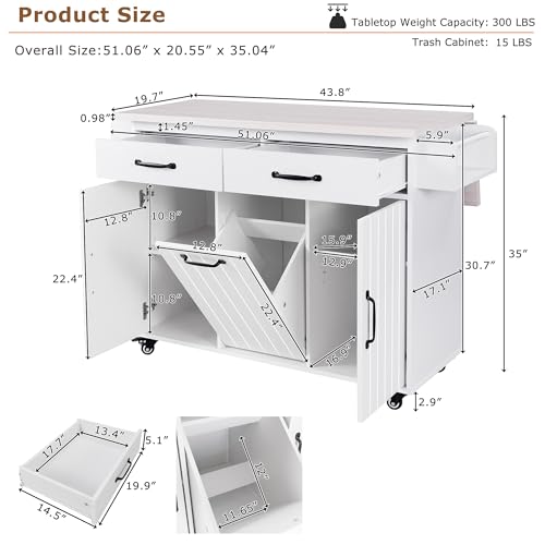 Kitchen Island Cart with Trash Can Storage, Drop Leaf, Drawers, Adjustable Shelves, Lockable Wheels A72321