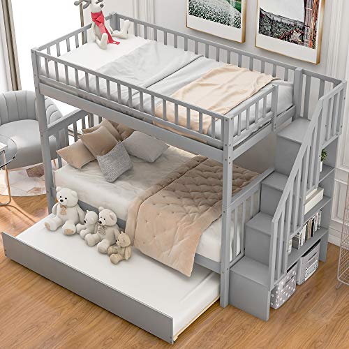 White Solid Wood Twin-Over-Twin Bunk Bed with Trundle A82800
