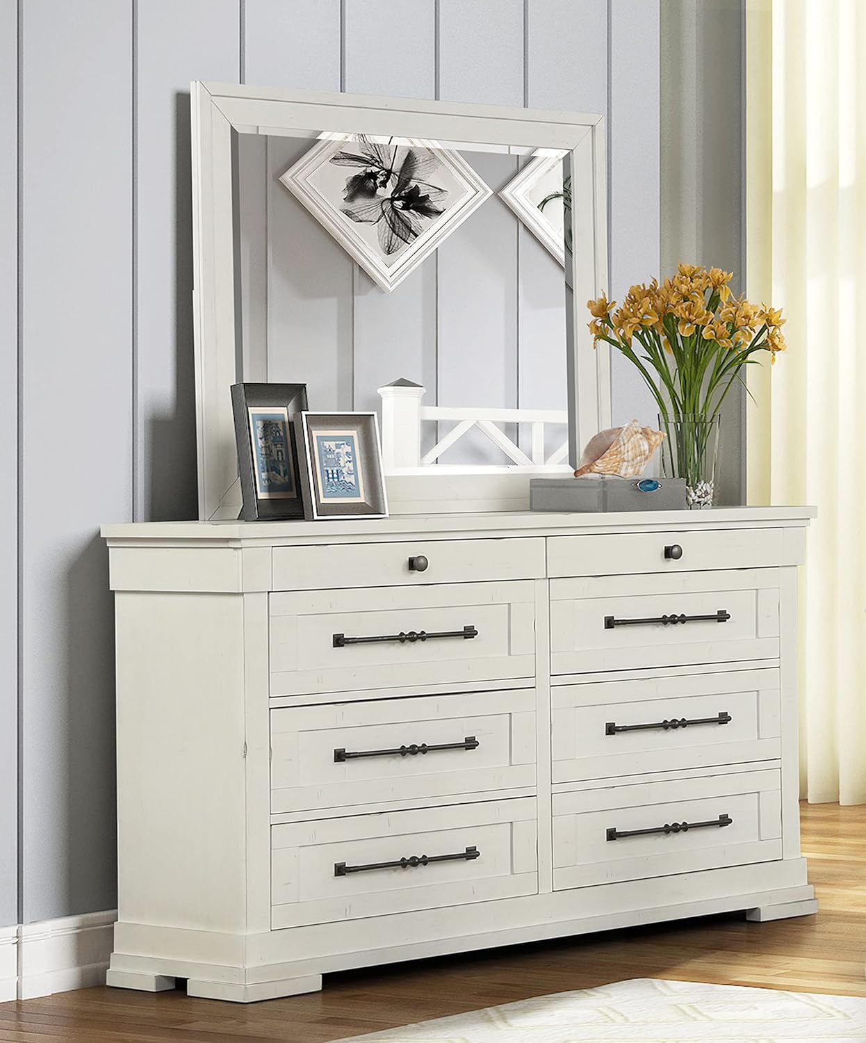 Antique White Queen Wood Panel Bed with Dresser, Mirror and Nightstand K3819