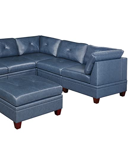 Ink Blue Genuine Leather Sectional Sofa Set, 6-Piece, Tufted Back, Wood Legs, 132 x 102 x 35 Inches J320
