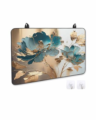 Teal Floral Blossom Gold Foil Leaves Induction Cooktop Protector Mat 24x21IN C544
