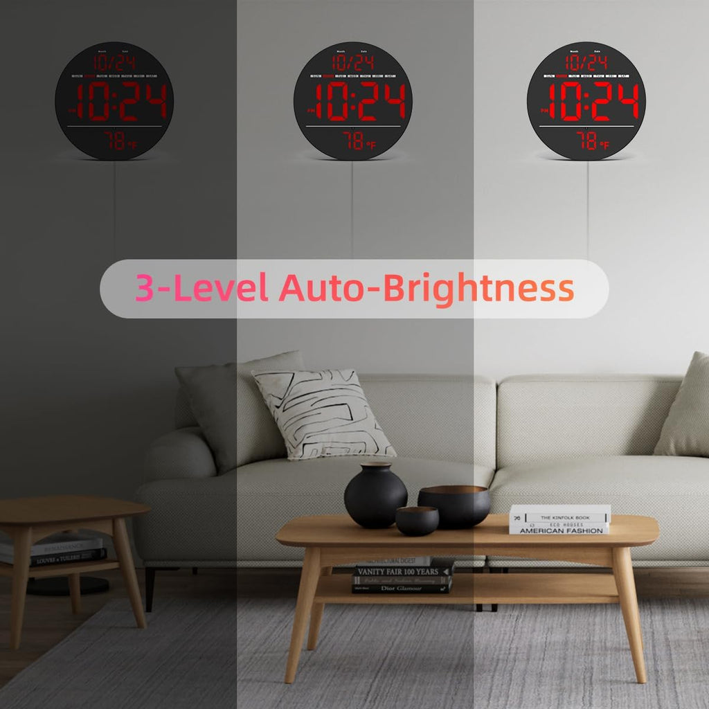 Digital Wall Clock with Large LED Display, Auto-Brightness, Temperature, Small Silent Non-Ticking Electric Wall Clock Y142