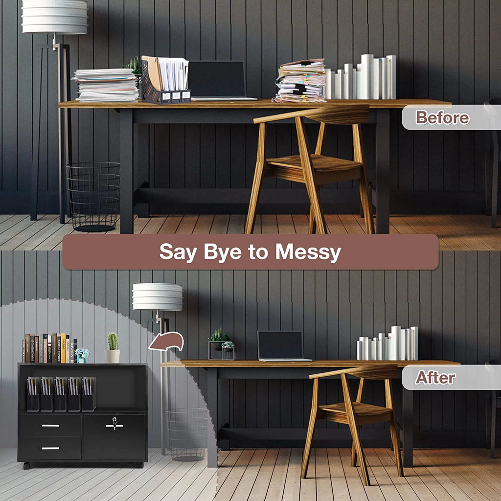 Black Wood 3 Drawer Mobile Lateral Filing Cabinet with Lock V987853