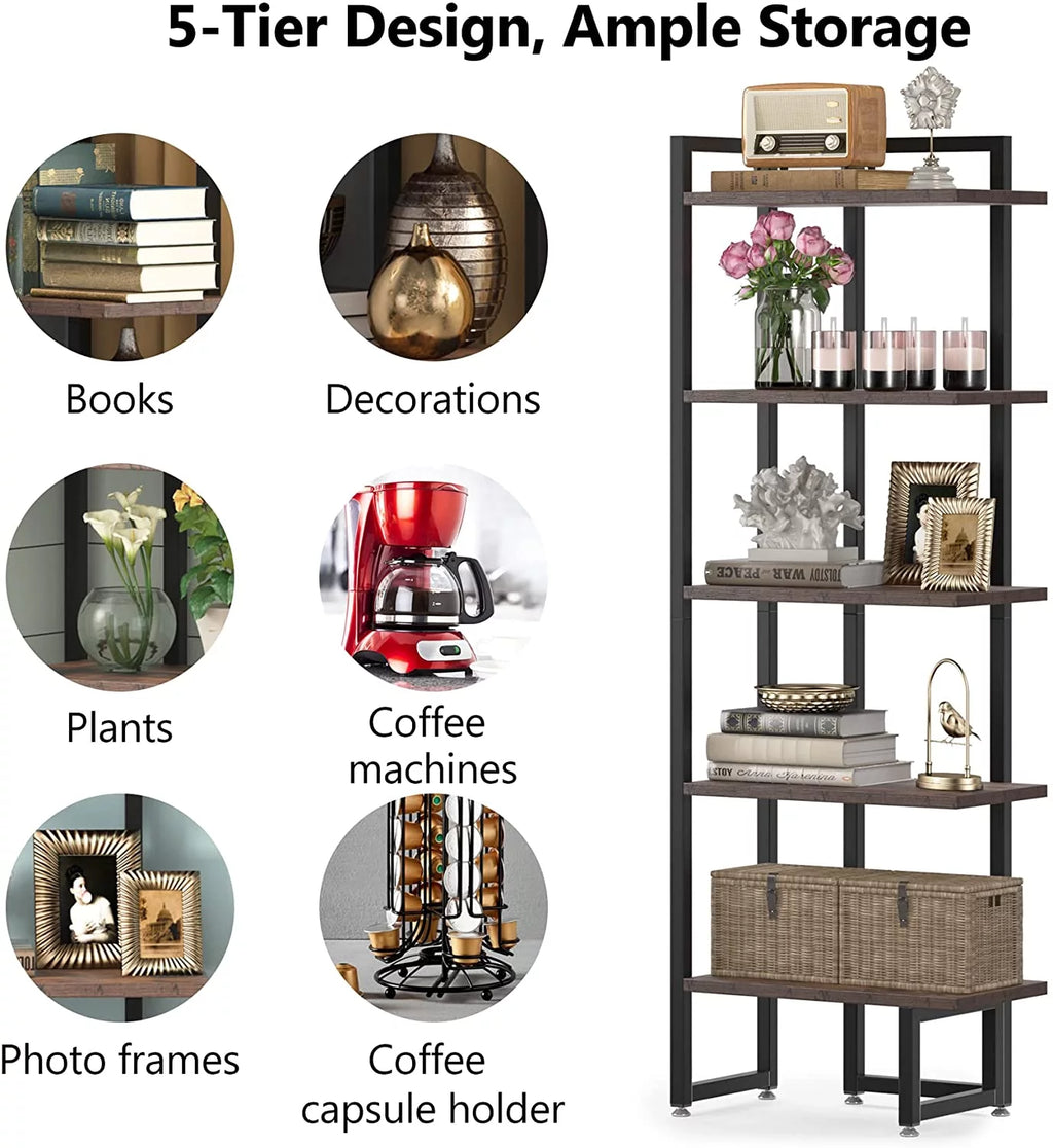 Rustic Brown 5 Tier Corner Bookshelf with Metal Frame Y67828