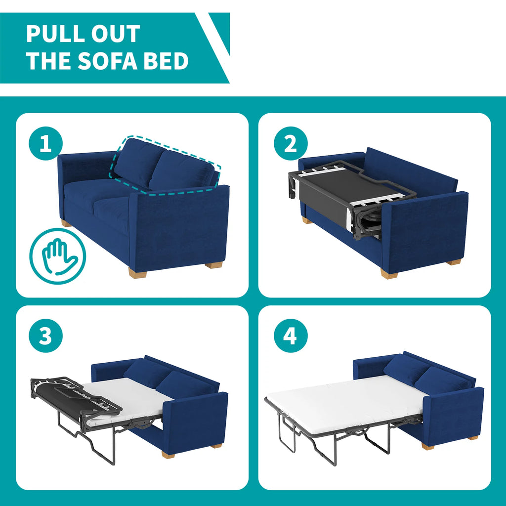 Blue Velvet Pull Out Sofa Bed with Foam Mattress W34503