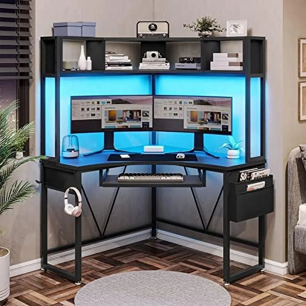 Rust Corner Desk with Hutch & LED Lights P519