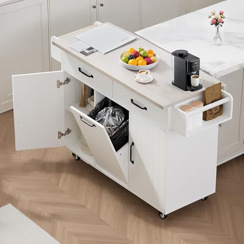 Kitchen Island Cart with Trash Can Storage, Drop Leaf, Drawers, Adjustable Shelves, Lockable Wheels A72321