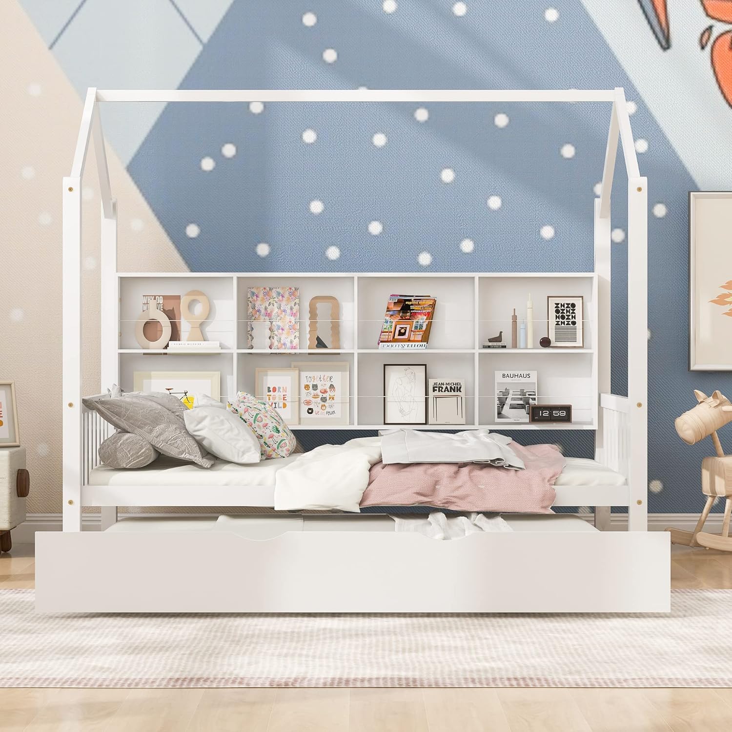 White Twin Size Wooden Platform Bed with Trundle and Storage Shelf E97842