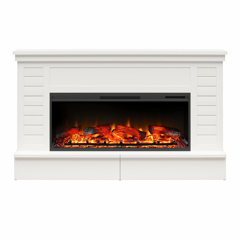White Wide Shiplap Mantel with Linear Electric Fireplace and Storage Drawers W63512