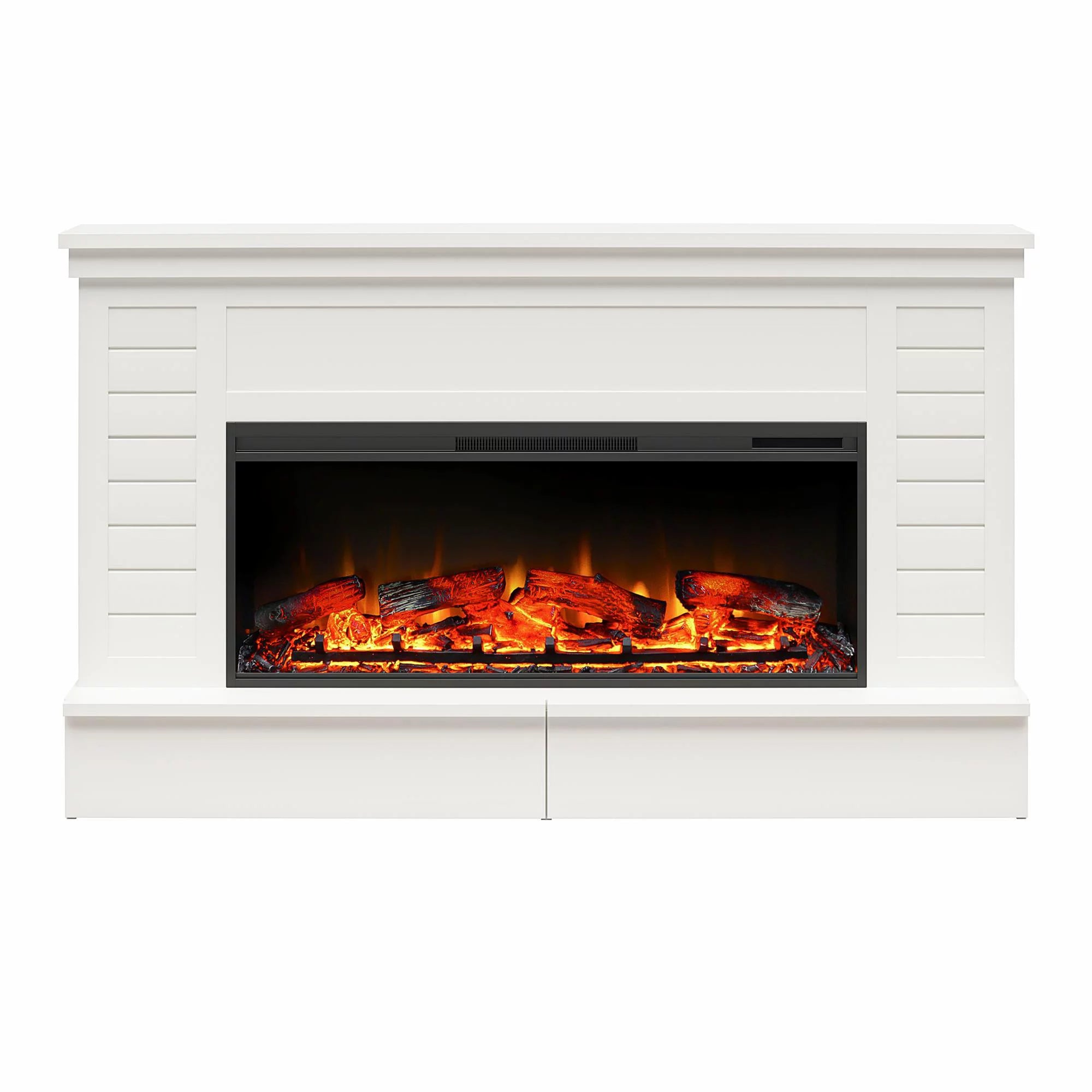 White Wide Shiplap Mantel with Linear Electric Fireplace and Storage Drawers W63512