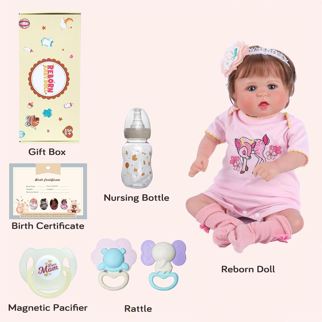 20 Inch Cloth Body Hand-Rooted Brown Hair Blue Eyes Poseable Reborn Baby Doll O4531