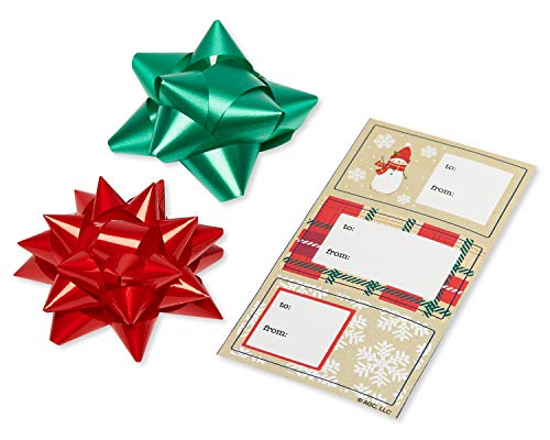 Christmas Wrapping Paper Set, Red and Tan Brown, 120 sq. ft., 4 rolls, 30 in. x 12 ft., 7 Adhesive Bows, 30 Gift Tag Stickers, Plaid, Stripes, and Snowmen X461