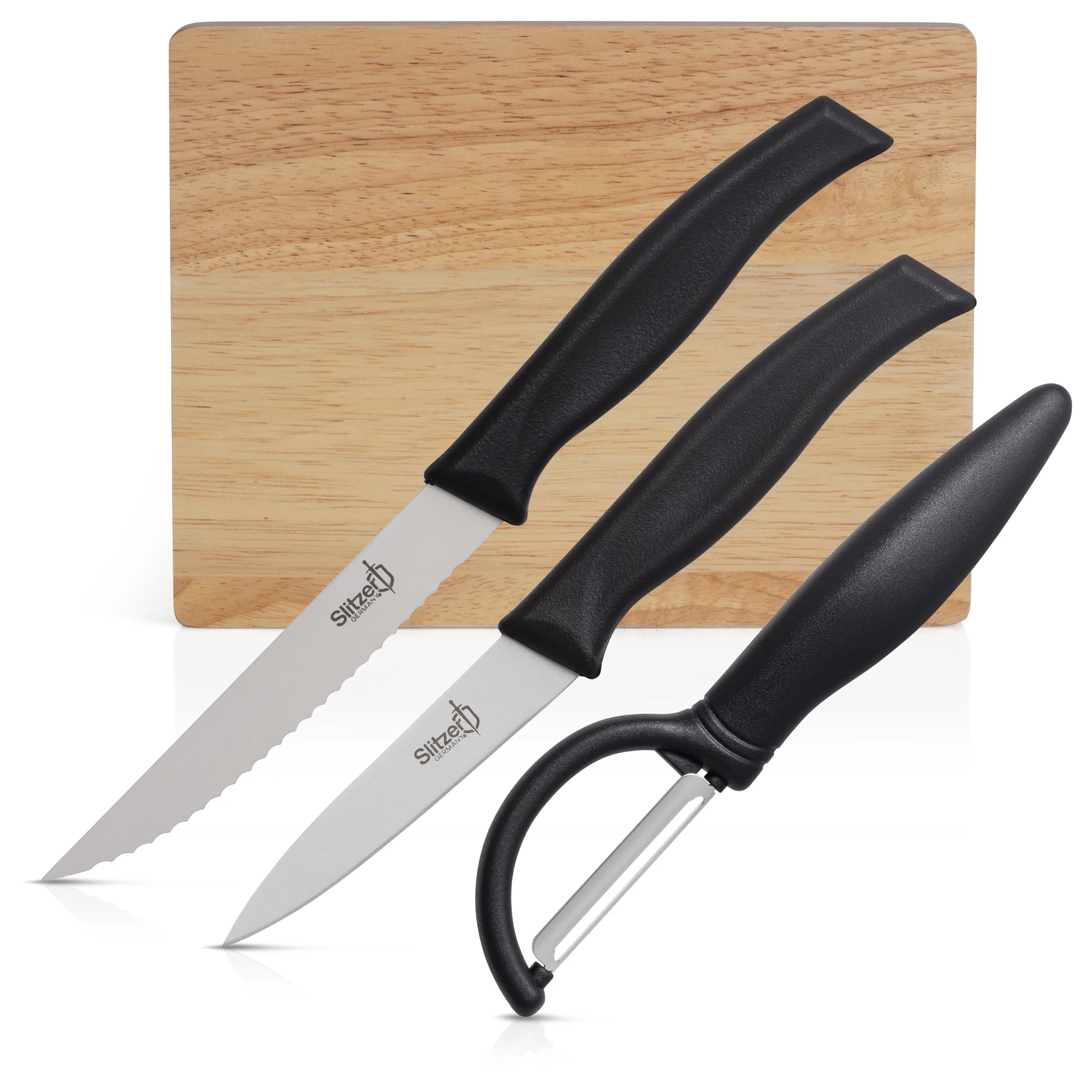 Cutting Board And Knife Set - German Stainless Steel Paring Knife, Utility Knife, Vegetable Peeler, Wooden Chopping Board X153206