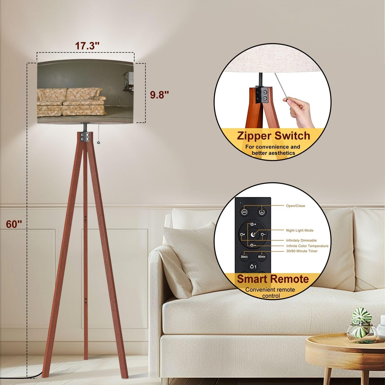 Wood Tripod Floor Lamp Linen Lampshade Dimmable Tall Lamp J721535