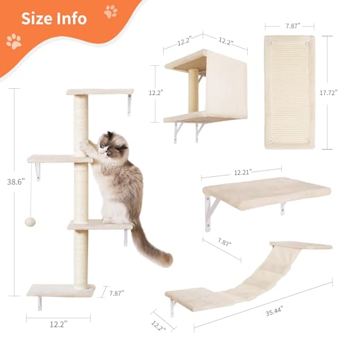 5pcs Wooden Cat Wall Shelves with House, Bridge, Tree, Steps, and Scratcher (Black) K987
