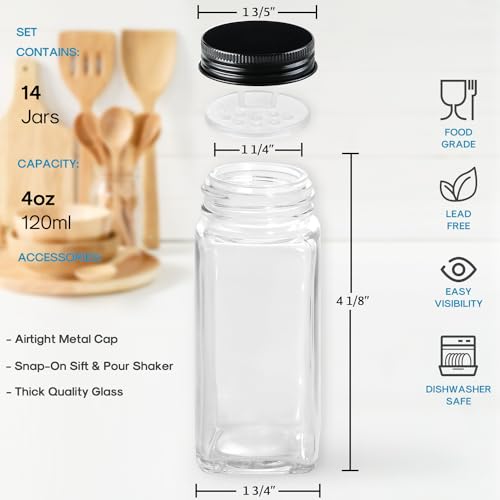14 Pcs Glass Spice Jars with Shaker Lids and Airtight Metal Caps I201
