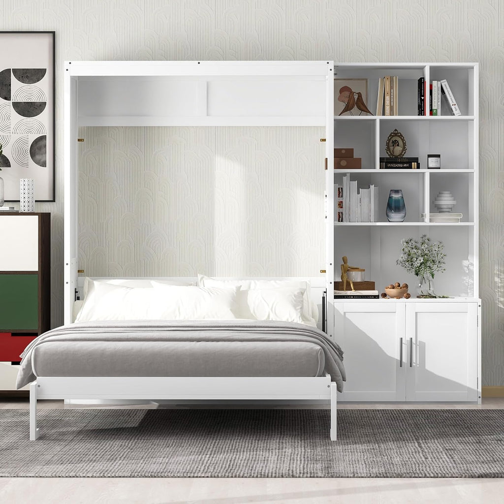 White Full Size Murphy Bed with Storage Cabinet and Shelves X74721