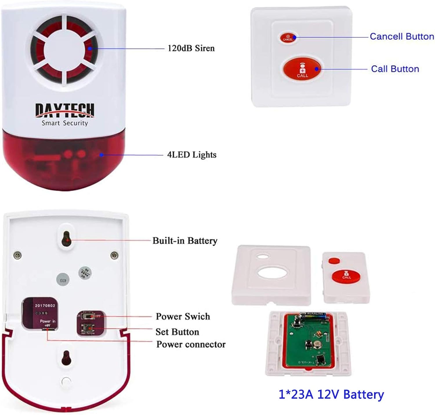 800ft Waterproof Remote Emergency Strobe Siren Alarm Kit with 1 Red Flashing Siren + 4 Call Buttons E475249