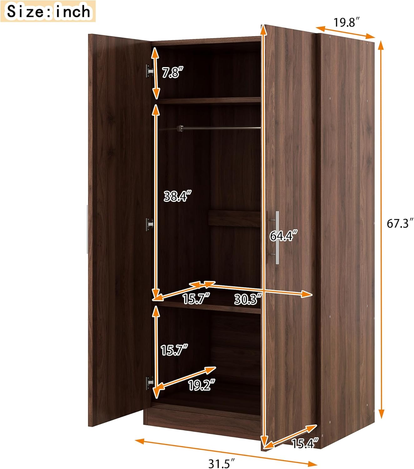 2-Door Wooden Wardrobe Armoire with 3 Storage Shelves R2876