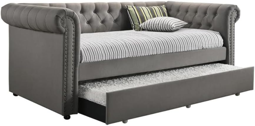 Gray Fabric Twin Size Tufted Upholstered Daybed with Trundle K761259