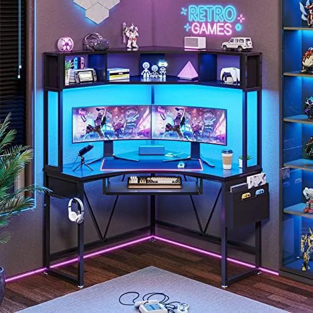 Rust Corner Desk with Hutch & LED Lights P519