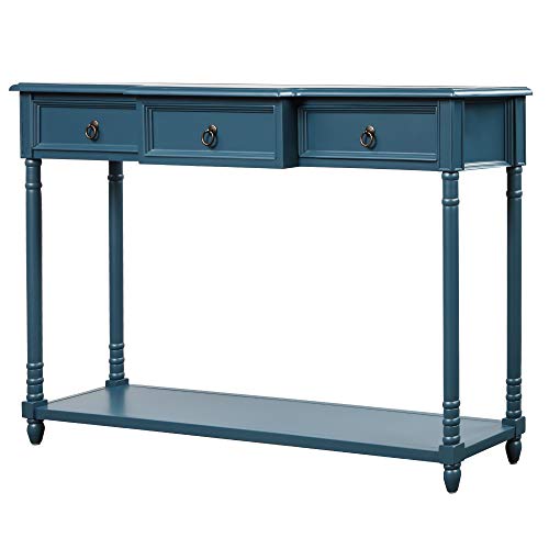 Antique Navy Narrow Console Sofa Table with Drawers and Long Shelf N19713