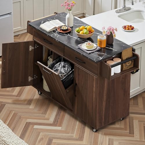 Kitchen Island Cart with Trash Can Storage, Drop Leaf, Drawers, Adjustable Shelves, Lockable Wheels A72321
